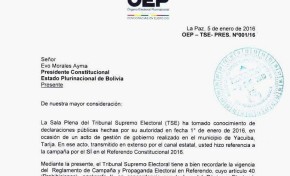 TSE exhorta a presidente Morales a cumplir normativa electoral