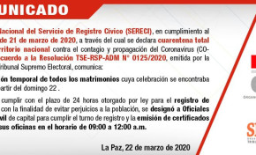 Serecí Chuquisaca suspende la atención; 5 oficialías otorgarán certificados de defunción exclusivamente