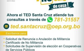 El TED Santa Cruz atiende consultas y trámites de la ciudadanía de manera virtual