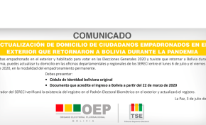 Ciudadanos que retornaron a Bolivia por la pandemia podrán actualizar su registro y votar en las Elecciones Generales