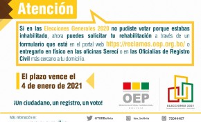 Personas inhabilitadas en las Elecciones 2020 pueden solicitar su rehabilitación en el Padrón hasta el 4 de enero