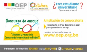 El TSE amplía hasta el 27 de diciembre el Concurso Nacional de Ensayo “Avances y Retos de la Democracia Intercultural en Bolivia”