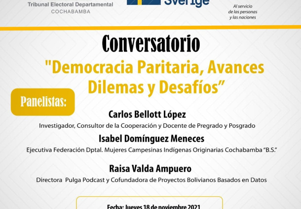 TED Cochabamba y PNUD realizan hoy jueves el conversatorio “Democracia paritaria: avances, dilemas y desafíos”