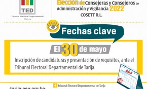 El TED Tarija recuerda que el 30 de mayo culmina el plazo para postular a Consejera o Consejero de Cosett R.L.