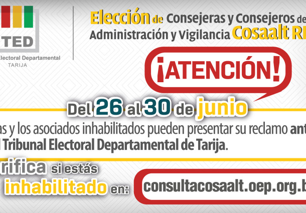 Elecciones Cosaalt 2023: inhabilitados tienen plazo para presentar reclamos hasta el 30 de junio