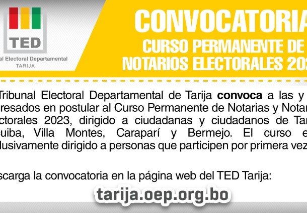 El TED Tarija abre inscripciones para el curso permanente de notarios electorales 2023