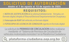 TED Chuquisaca recibe solicitudes de permisos de circulación vehicular del 7 al 13 de agosto