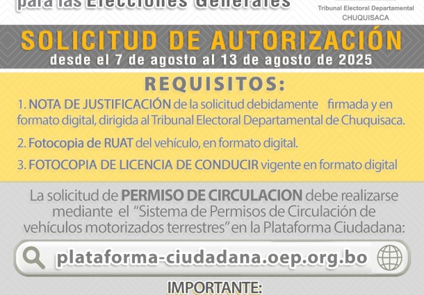 TED Chuquisaca recibe solicitudes de permisos de circulación vehicular del 7 al 13 de agosto