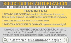 Chuquisaca: permisos de circulación pueden solicitarse hasta el miércoles 15 de octubre únicamente de manera digital