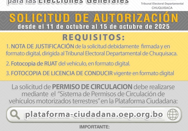 Chuquisaca: permisos de circulación pueden solicitarse hasta el miércoles 15 de octubre únicamente de manera digital