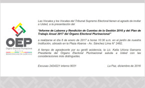 TSE presentará su informe de labores y rendición de cuentas de la gestión 2016 y el Plan de trabajo anual 2017 del OEP