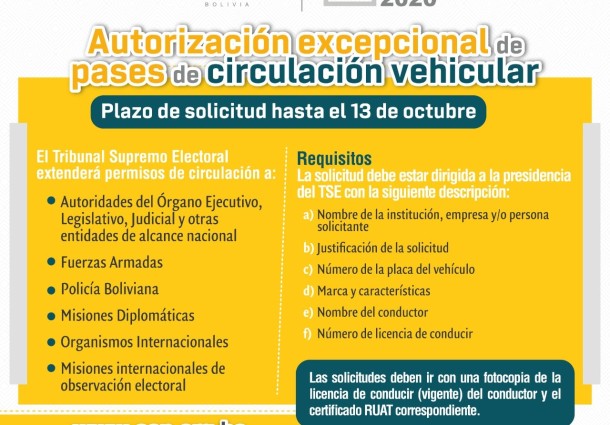 El TSE y los TED recibirán solicitudes de autorización de circulación vehicular hasta el 13 de octubre