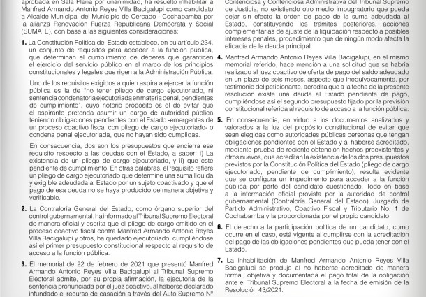 Comunicado del TSE sobre la candidatura de Manfred Reyes Villa