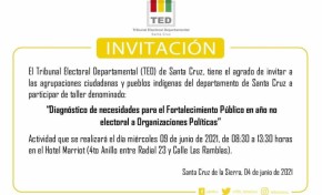 El TED Santa Cruz invita a organizaciones políticas y NPIOC al taller de fortalecimiento público en año no electoral