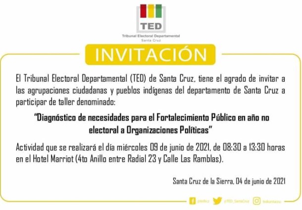 El TED Santa Cruz invita a organizaciones políticas y NPIOC al taller de fortalecimiento público en año no electoral