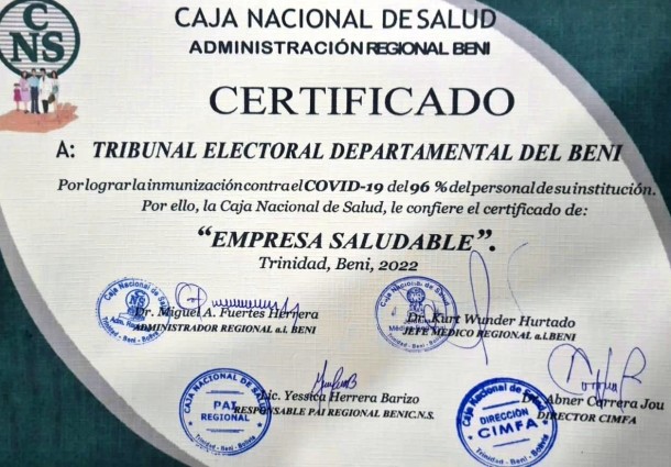 El TED Beni es reconocido como “empresa saludable” por la Caja Nacional de Salud