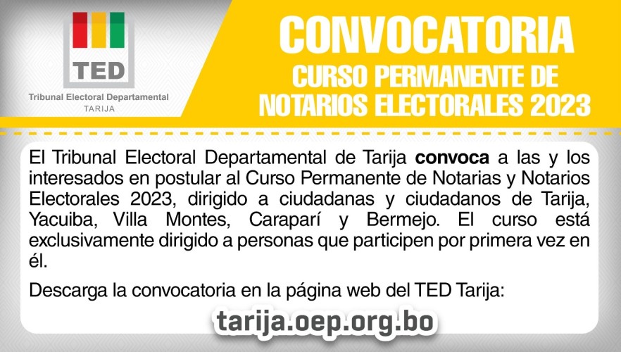 El TED Tarija abre inscripciones para el curso permanente de notarios electorales 2023