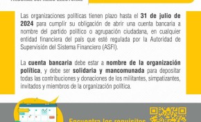 Las organizaciones políticas tienen hasta el 31 de julio para presentar su cuenta bancaria ante el OEP