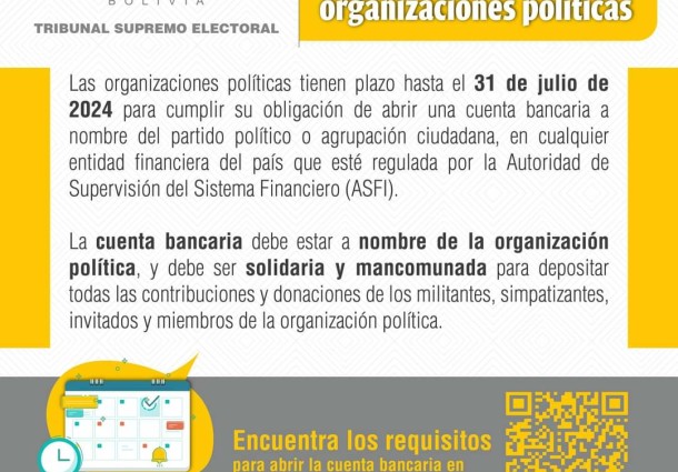 Las organizaciones políticas tienen hasta el 31 de julio para presentar su cuenta bancaria ante el OEP
