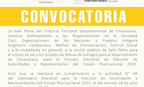 TED Chuquisaca realizará el sorteo de juradas y jurados electorales este viernes 18 de julio