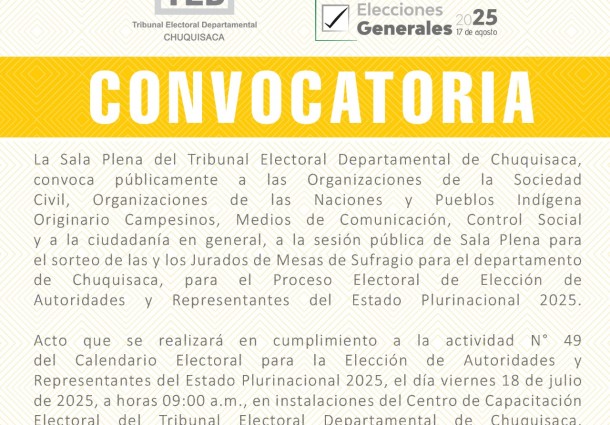 TED Chuquisaca realizará el sorteo de juradas y jurados electorales este viernes 18 de julio
