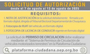 TED Chuquisaca recibe solicitudes de permisos de circulación vehicular del 7 al 13 de agosto
